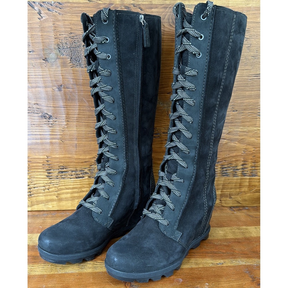 HTF Sorel Joan Of Arctic Tall Black Leather Wedge Lace Up Boots Size 9.5 VGUC